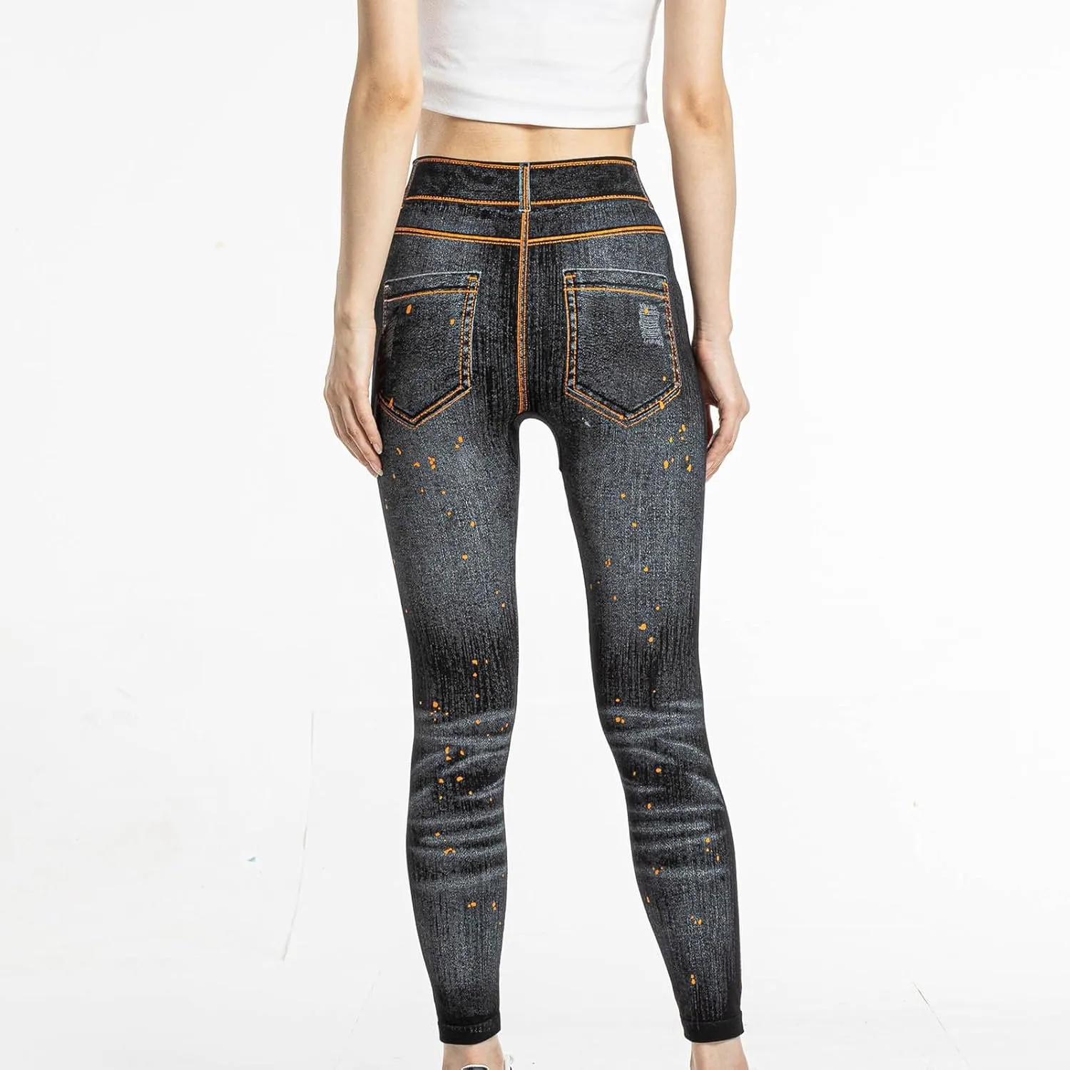 hlysgo Skinny Faux Jeans for Women High Waist Stretchy Slimming Jeggings Denim Print Leggings Trousers Pants