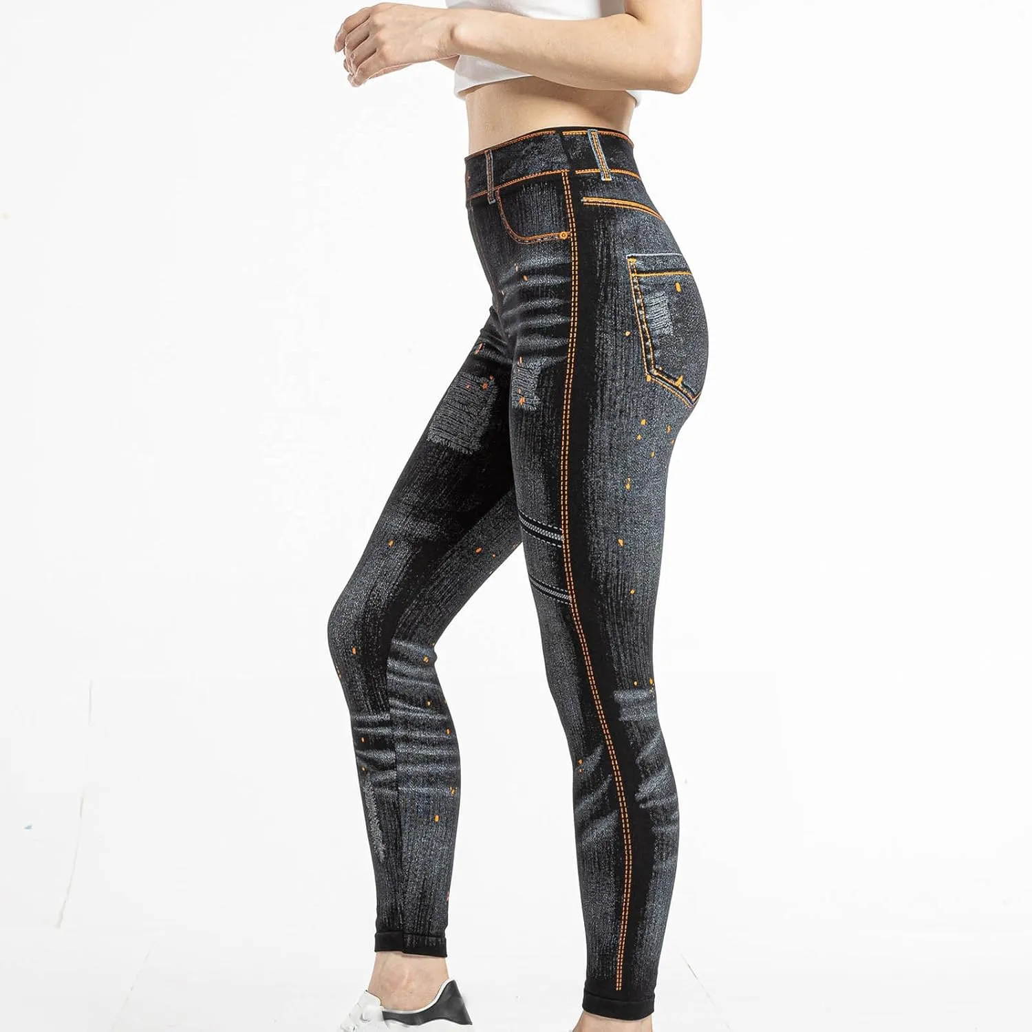hlysgo Skinny Faux Jeans for Women High Waist Stretchy Slimming Jeggings Denim Print Leggings Trousers Pants