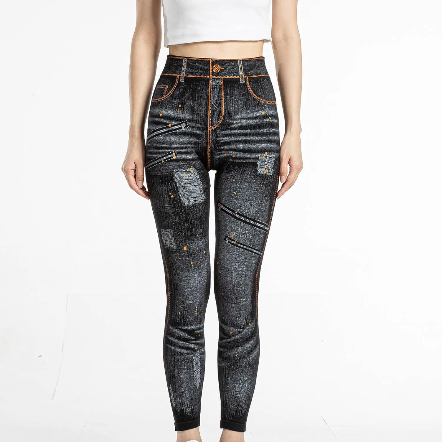 hlysgo Skinny Faux Jeans for Women High Waist Stretchy Slimming Jeggings Denim Print Leggings Trousers Pants
