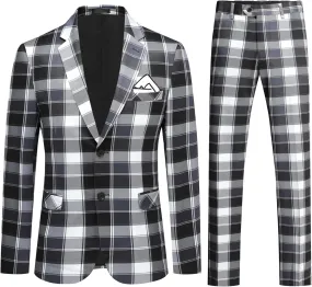 Iynnijoy Mens 2 Piece Slim Fit Suit Casual Plaid Tuxedo Suit for Men Party Wedding Business Dress Suit Set