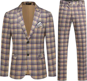 Iynnijoy Mens 2 Piece Slim Fit Suit Casual Plaid Tuxedo Suit for Men Party Wedding Business Dress Suit Set