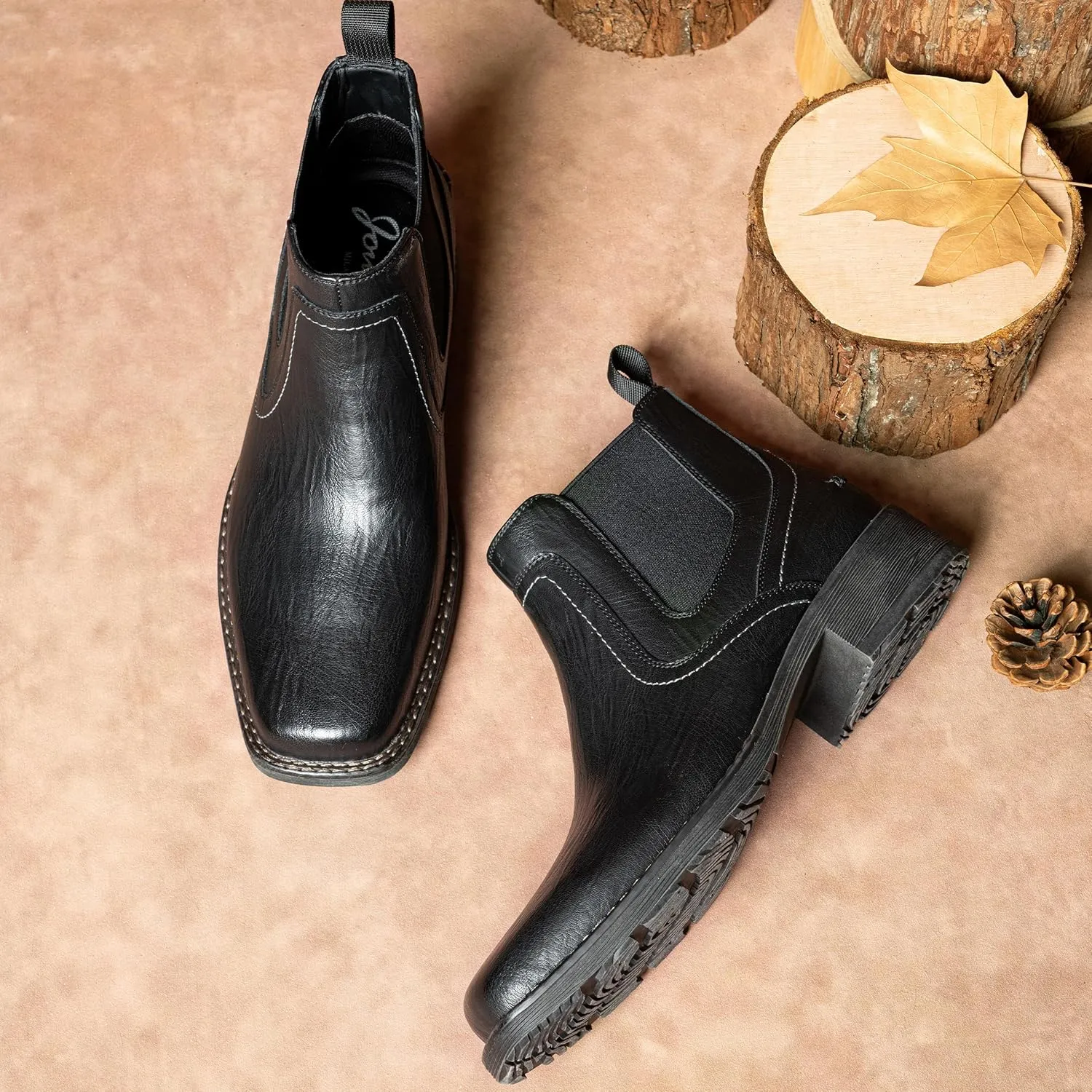 Jousen Chelsea Boots Men Square Toe Ankle Mens Western Boots Casual Slip On Boots for Men