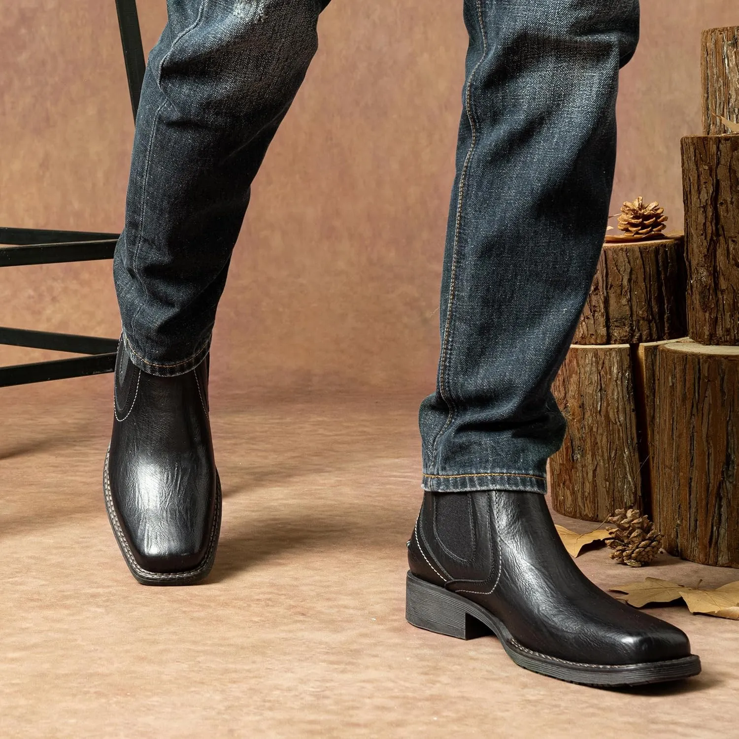 Jousen Chelsea Boots Men Square Toe Ankle Mens Western Boots Casual Slip On Boots for Men