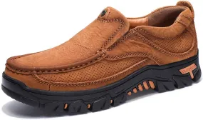 JOYVIP Mens Breathable Walking Loafers Leather Slip-on Hiking Shoes