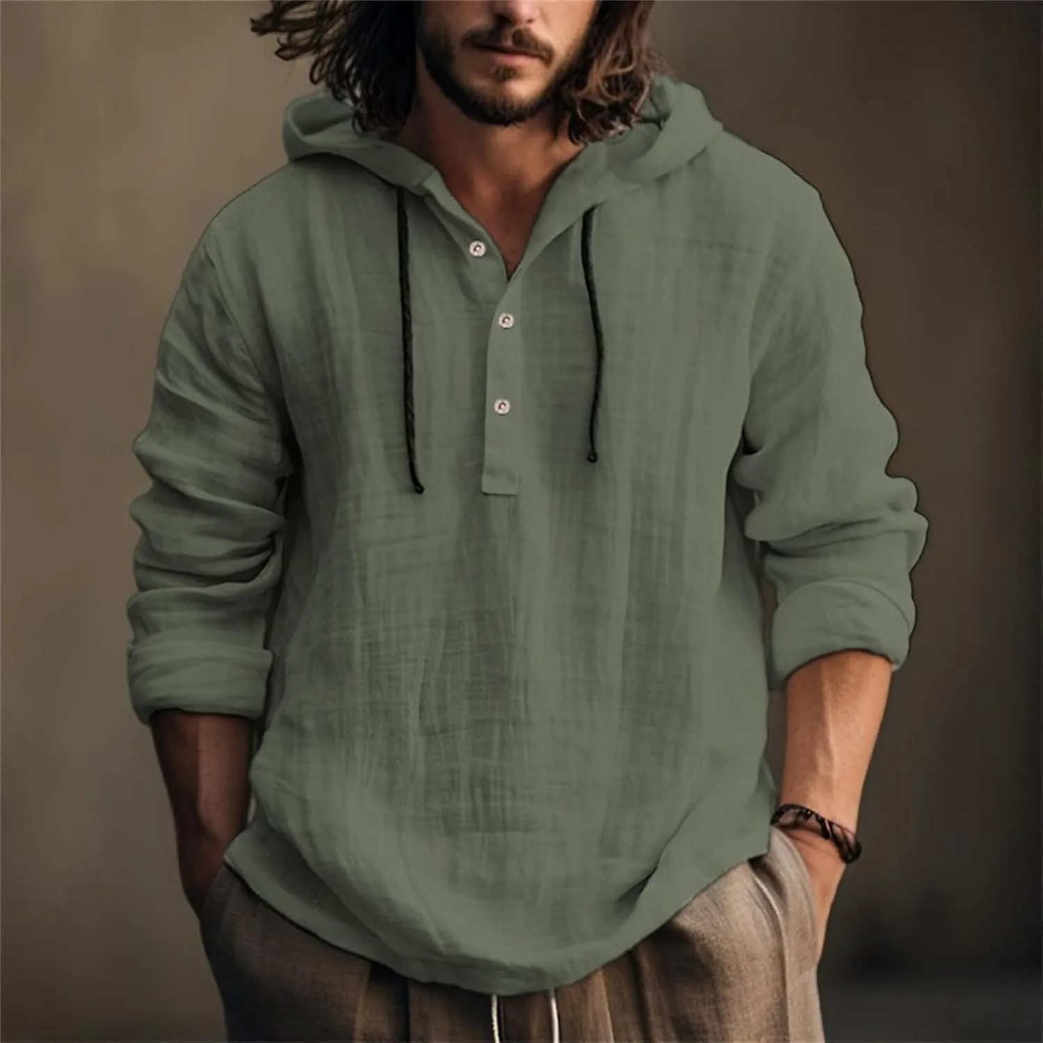 KUIOLYPOER Men's Cotton Linen Shirts Long Sleeve Hooded Drawstring Shirt Spring Summer Casual Loose Beach Shirts with Hood