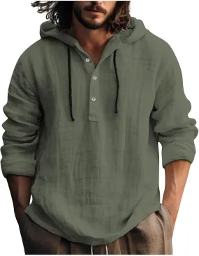 KUIOLYPOER Men's Cotton Linen Shirts Long Sleeve Hooded Drawstring Shirt Spring Summer Casual Loose Beach Shirts with Hood