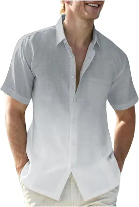 Linen Shirts for Men Gradient Short Sleeve Casual Button Down Shirt Lightweight Summer Beach Regular Fit Hawaiian Shirt