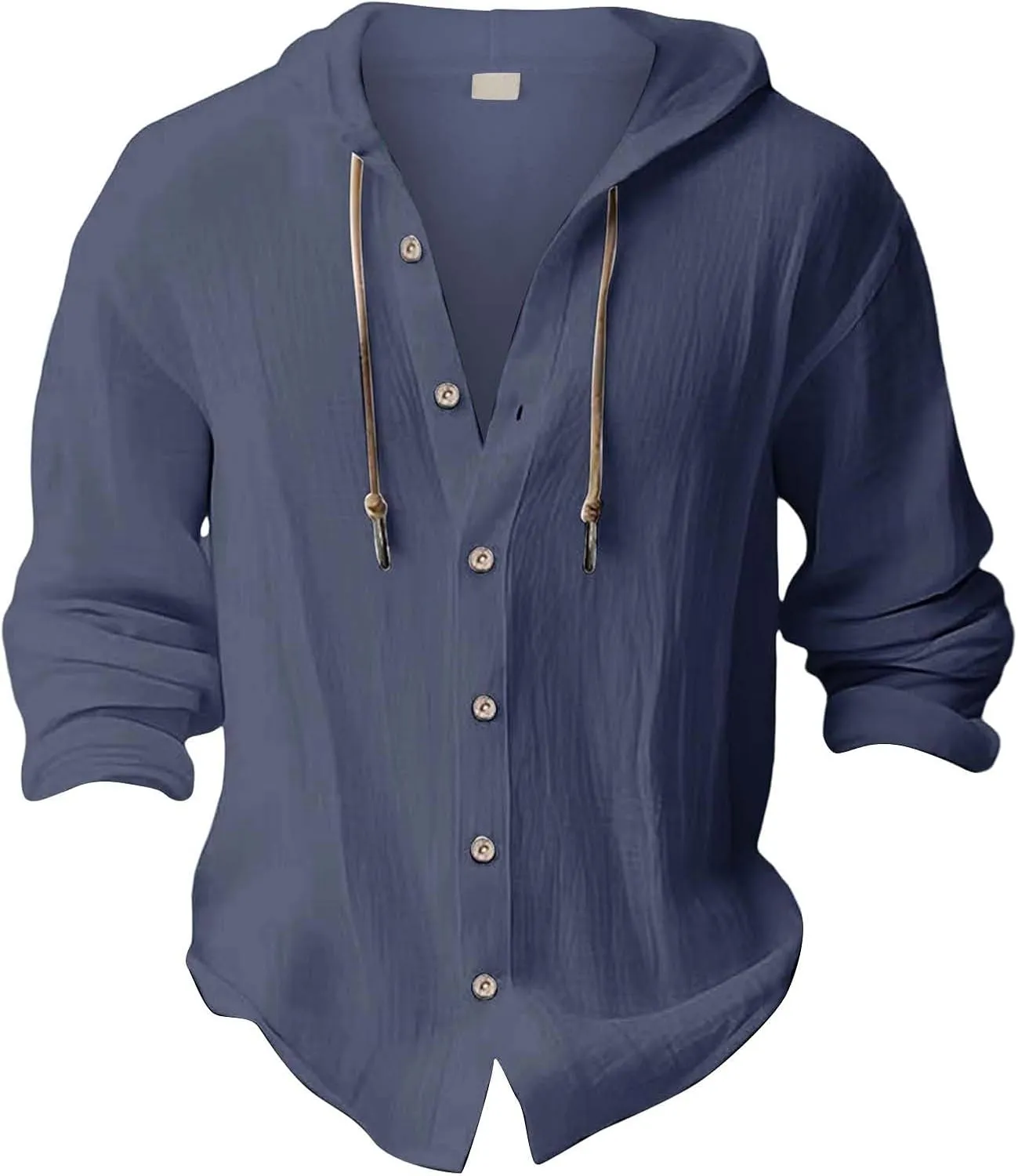 Linen Shirts for Men with Hood Long Sleeve Button Down Hawaiian Shirts Cotton Linen Summer Beach Hoodie Gauze Tops