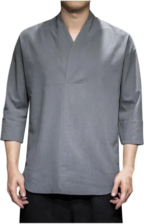 Men 3/4 Sleeve Cotton Linen Top Wrap V Neck Hipster Shirts Loose Fit Beach Hippie Tunic Yoga Tops Big and Tall
