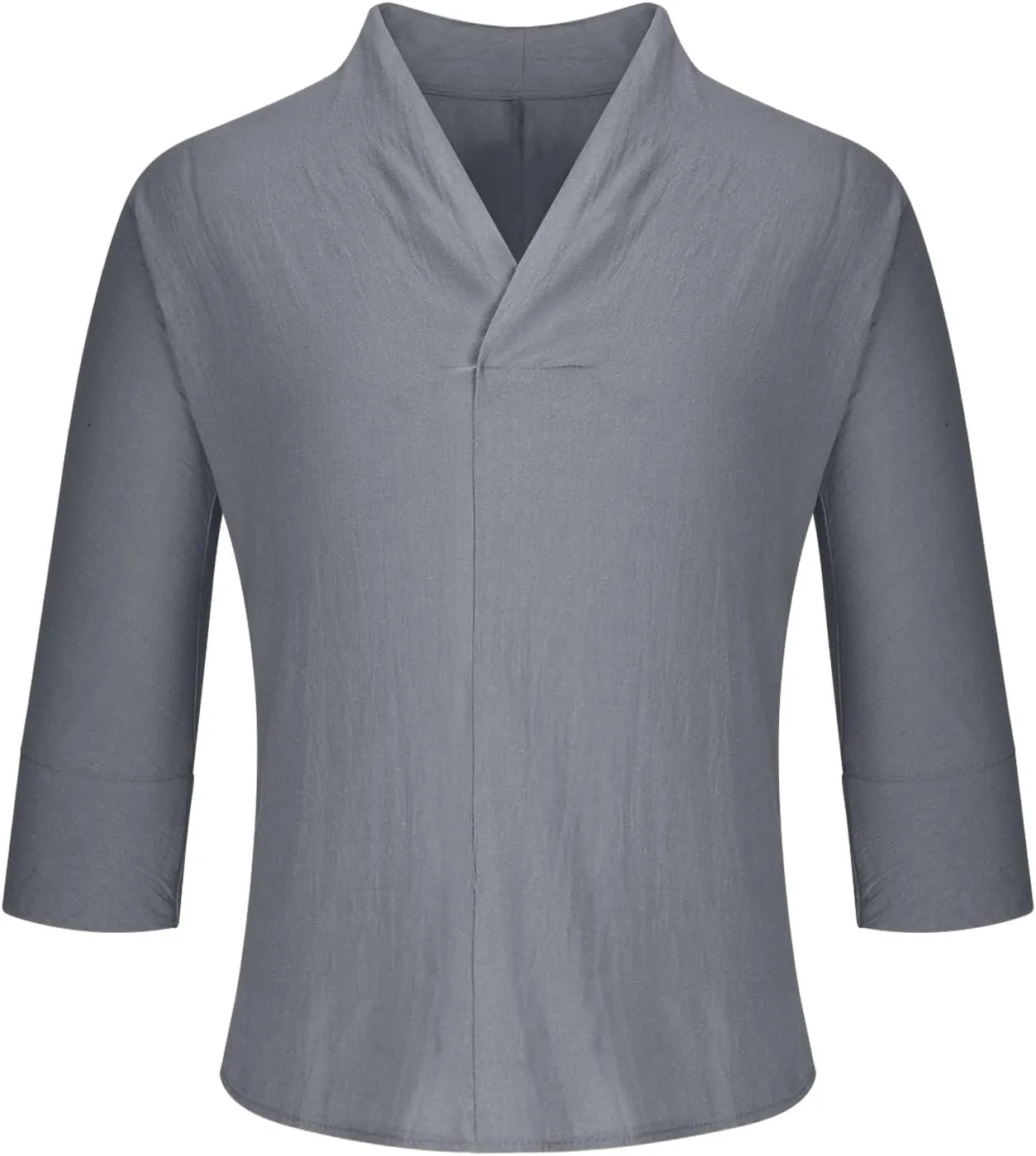 Men 3/4 Sleeve Cotton Linen Top Wrap V Neck Hipster Shirts Loose Fit Beach Hippie Tunic Yoga Tops Big and Tall