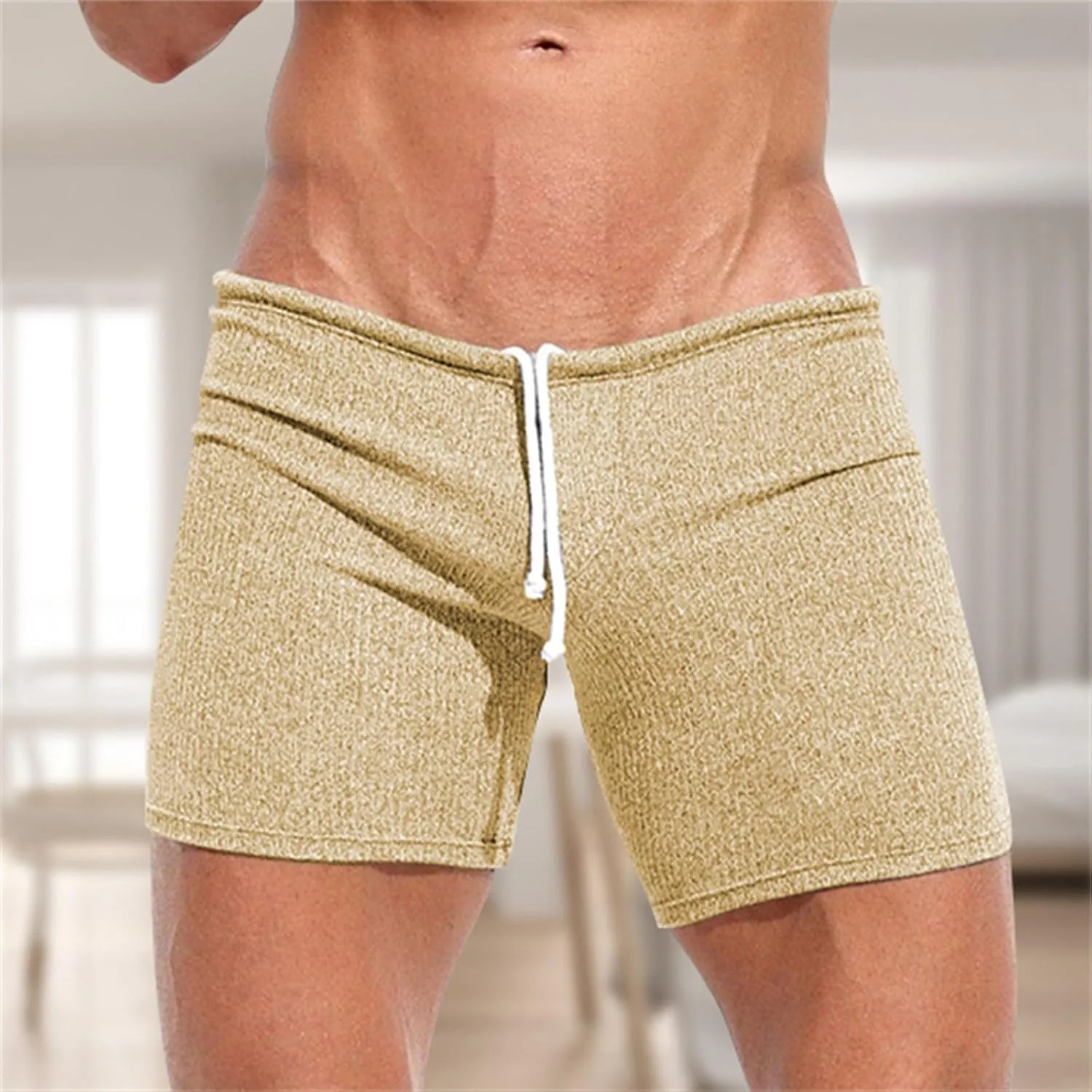 Men Trunks Athletic Gym Shorts Sexy Low Waist Drawstring Fitness Bodybuilding Capris Stretch Muscle Casual Beach Pant