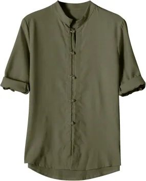 Mens 3/4 Length Sleeve Shirts Casual Button Up Summer Linen Shirt Loose Fit Solid Color Vacation Trendy Outfits