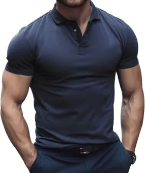 Mens Business T Shirt Solid Color Short Sleeve Lapel Tops Slim Fit Polo Tees Muscle Bodybuilding Sport Workout Shirts