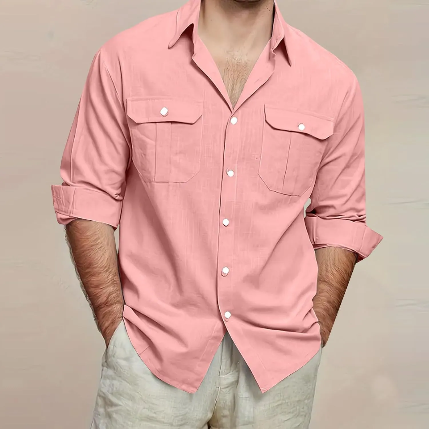 Mens Button Down Shirts Casual Long Sleeve Comfy Cotton Linen Shirts Loose Trendy Lapel Collar Blouse with Pocket