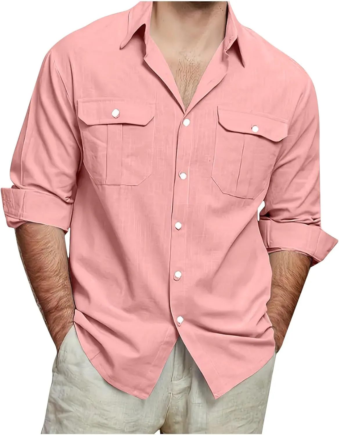 Mens Button Down Shirts Casual Long Sleeve Comfy Cotton Linen Shirts Loose Trendy Lapel Collar Blouse with Pocket