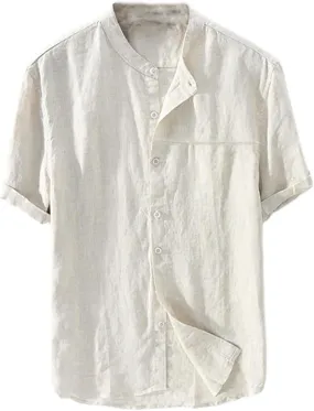 Men's Button Down Short Sleeve Shirts Lightweight Cotton Linen Casual Loose Fit Shirt Band Collar Hippie Beach Tops