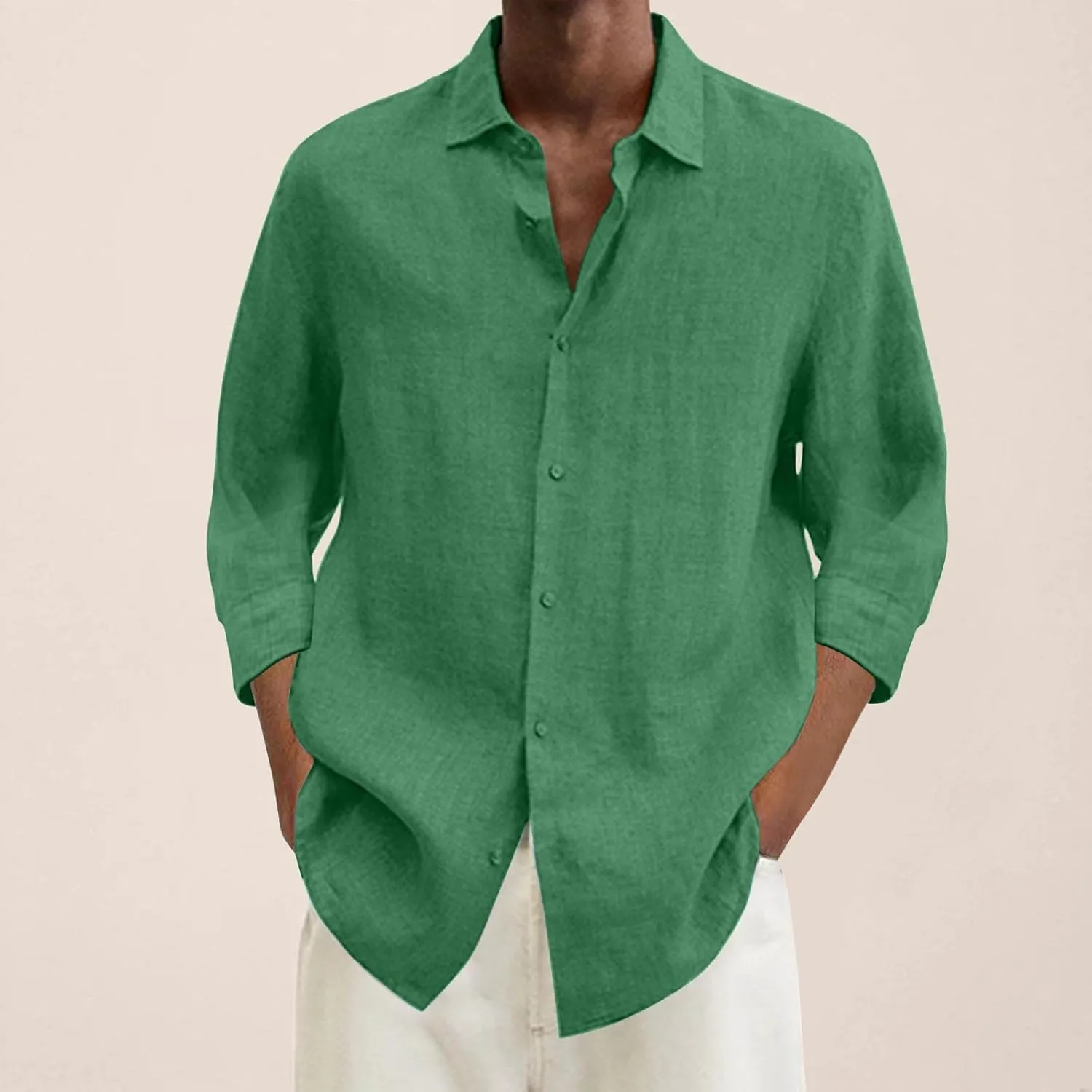 Mens Button Up Shirts 3/4 Sleeve Lapel Casual Dressy Shirt Cotton Linen Solid Color Blouse Loose Summer Work Tops