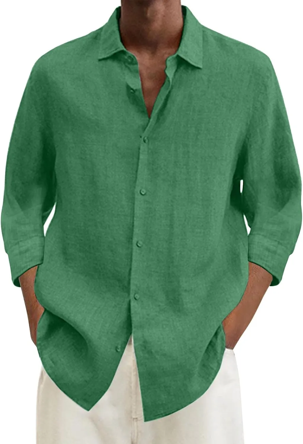 Mens Button Up Shirts 3/4 Sleeve Lapel Casual Dressy Shirt Cotton Linen Solid Color Blouse Loose Summer Work Tops