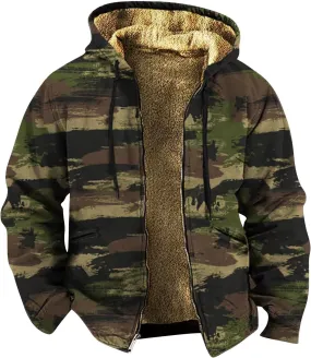Mens Camo Hooded Jacket Vintage Full Zip Fleece Lined Hoodies Winter Warm Casual Long Sleeve Camouflage Jackets