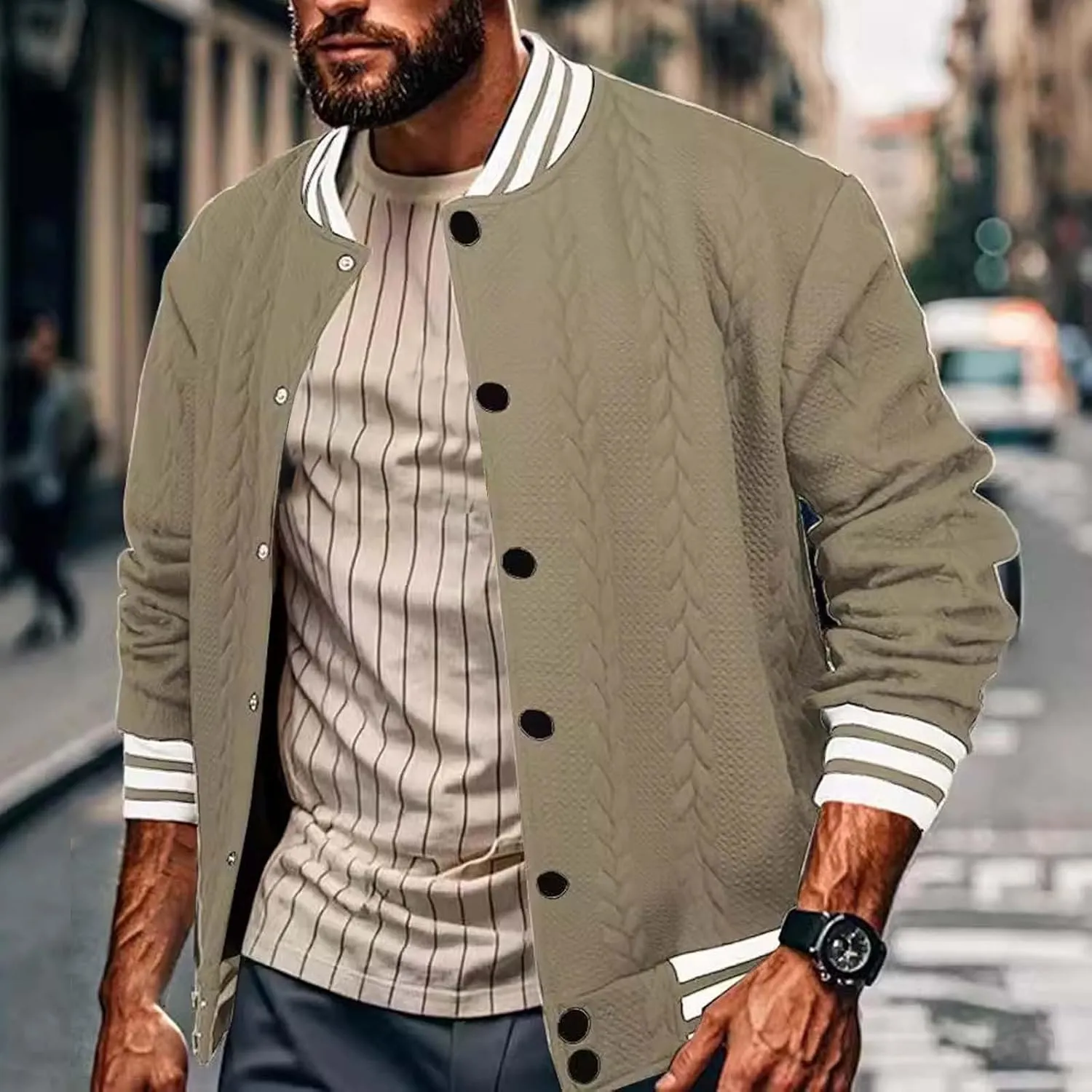 Men's Casual Varsity Jacket Classic Fit Vintage Buckle Jackets Lightweight Button Down Collarless Bomber Jackets