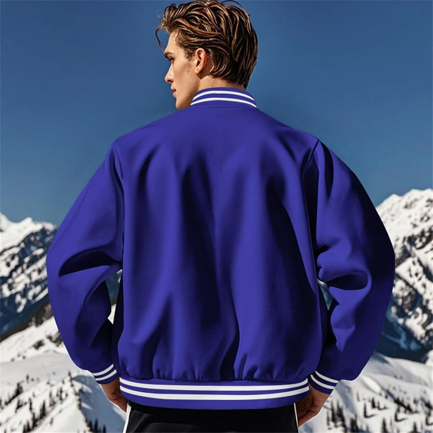 Men's Casual Varsity Jacket Classic Fit Vintage Buckle Jackets Lightweight Button Down Collarless Bomber Jackets