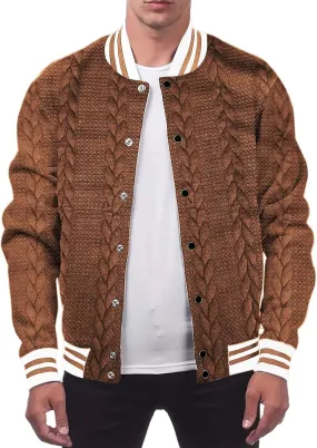 Men's Casual Varsity Jacket Classic Fit Vintage Buckle Jackets Lightweight Button Down Collarless Bomber Jackets