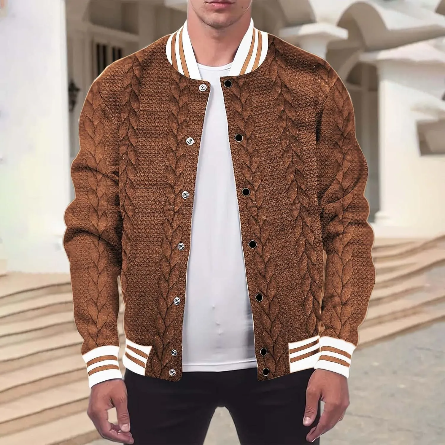 Men's Casual Varsity Jacket Classic Fit Vintage Buckle Jackets Lightweight Button Down Collarless Bomber Jackets