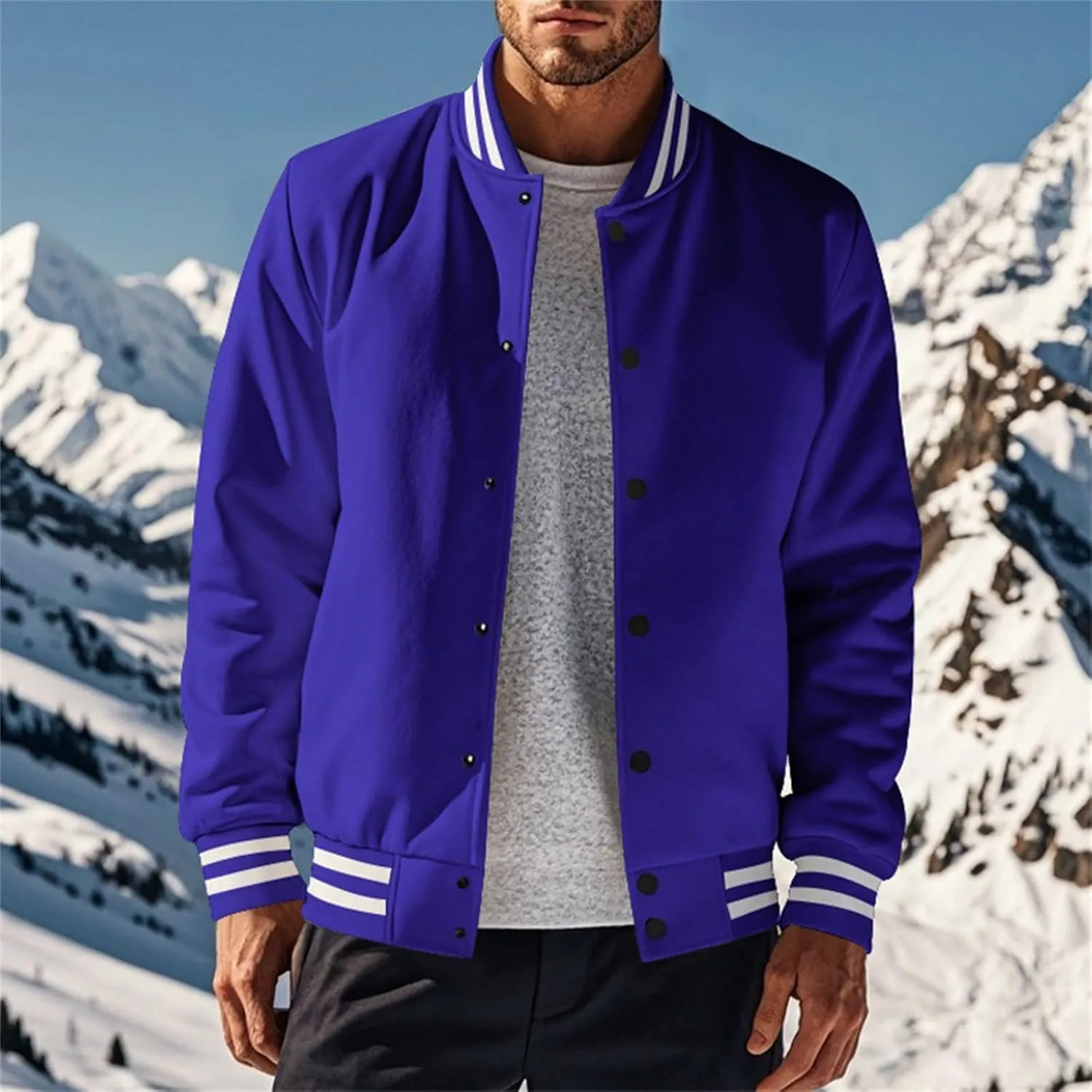 Men's Casual Varsity Jacket Classic Fit Vintage Buckle Jackets Lightweight Button Down Collarless Bomber Jackets