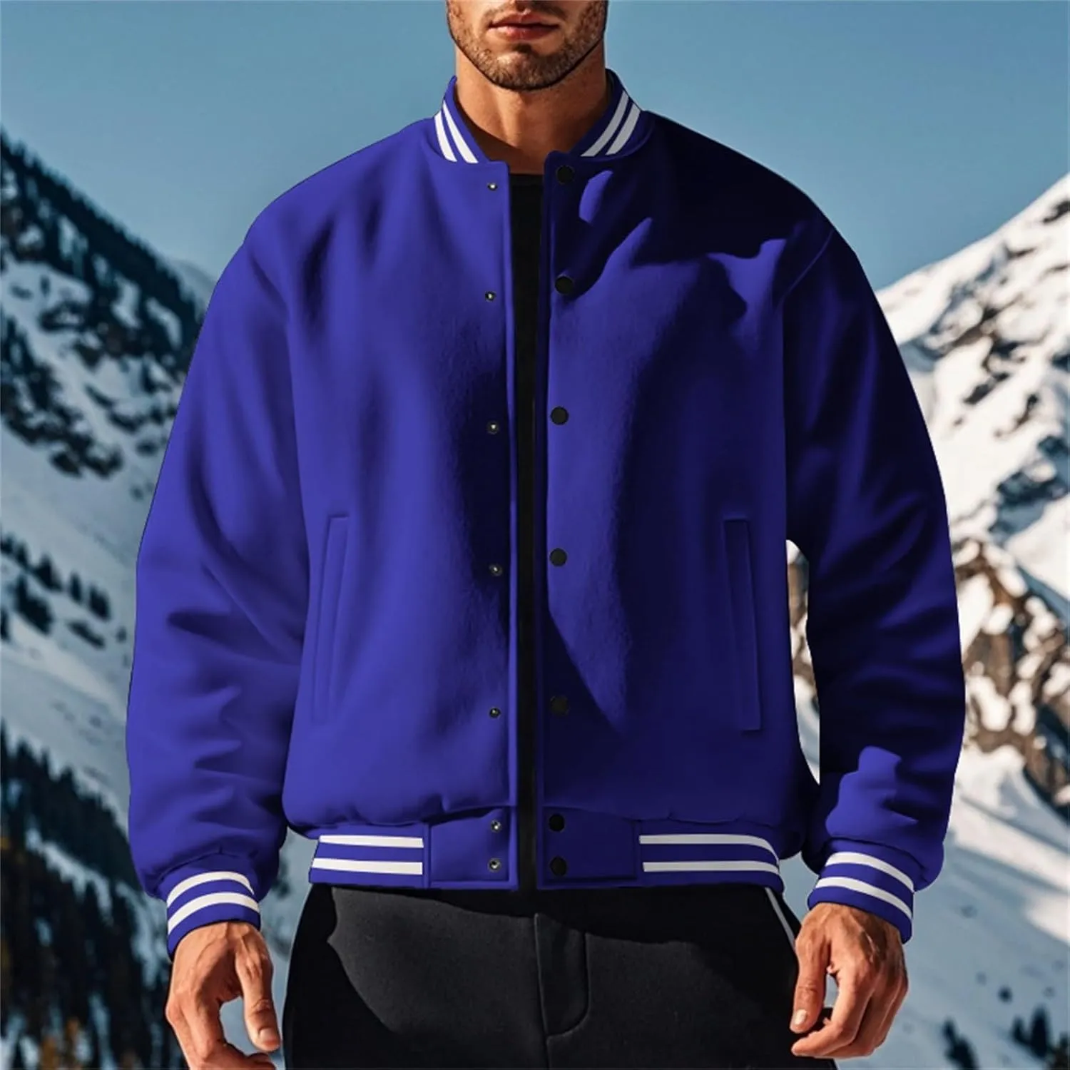 Men's Casual Varsity Jacket Classic Fit Vintage Buckle Jackets Lightweight Button Down Collarless Bomber Jackets