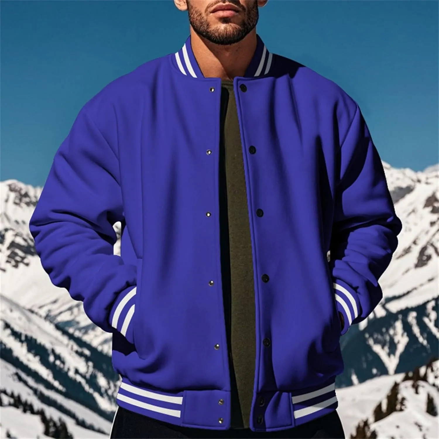 Men's Casual Varsity Jacket Classic Fit Vintage Buckle Jackets Lightweight Button Down Collarless Bomber Jackets
