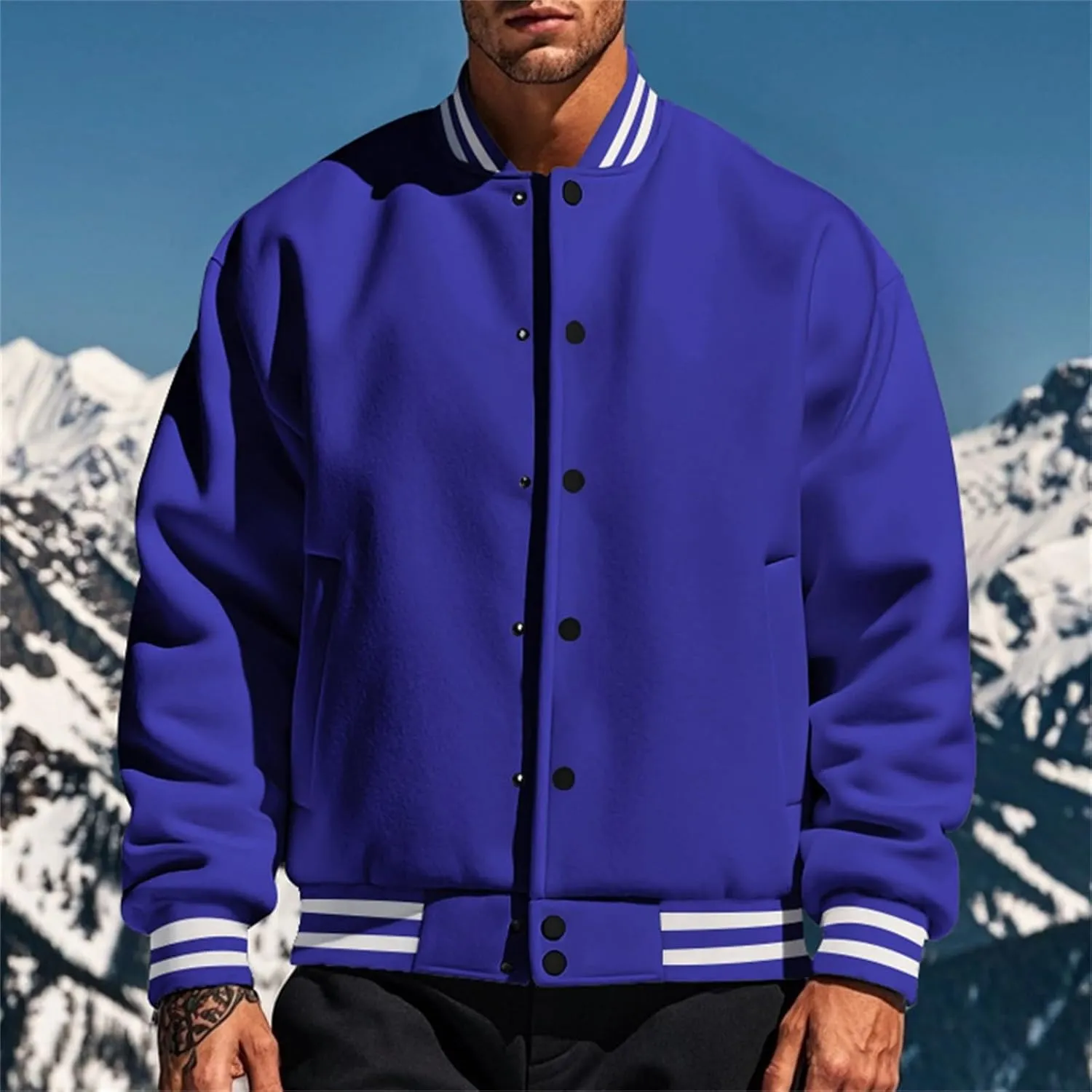 Men's Casual Varsity Jacket Classic Fit Vintage Buckle Jackets Lightweight Button Down Collarless Bomber Jackets