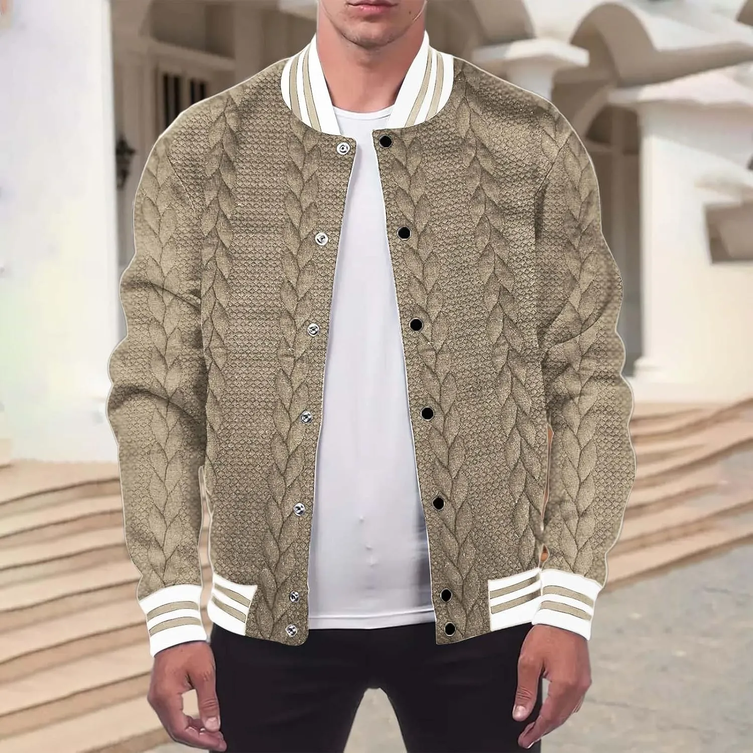Men's Casual Varsity Jacket Classic Fit Vintage Buckle Jackets Lightweight Button Down Collarless Bomber Jackets