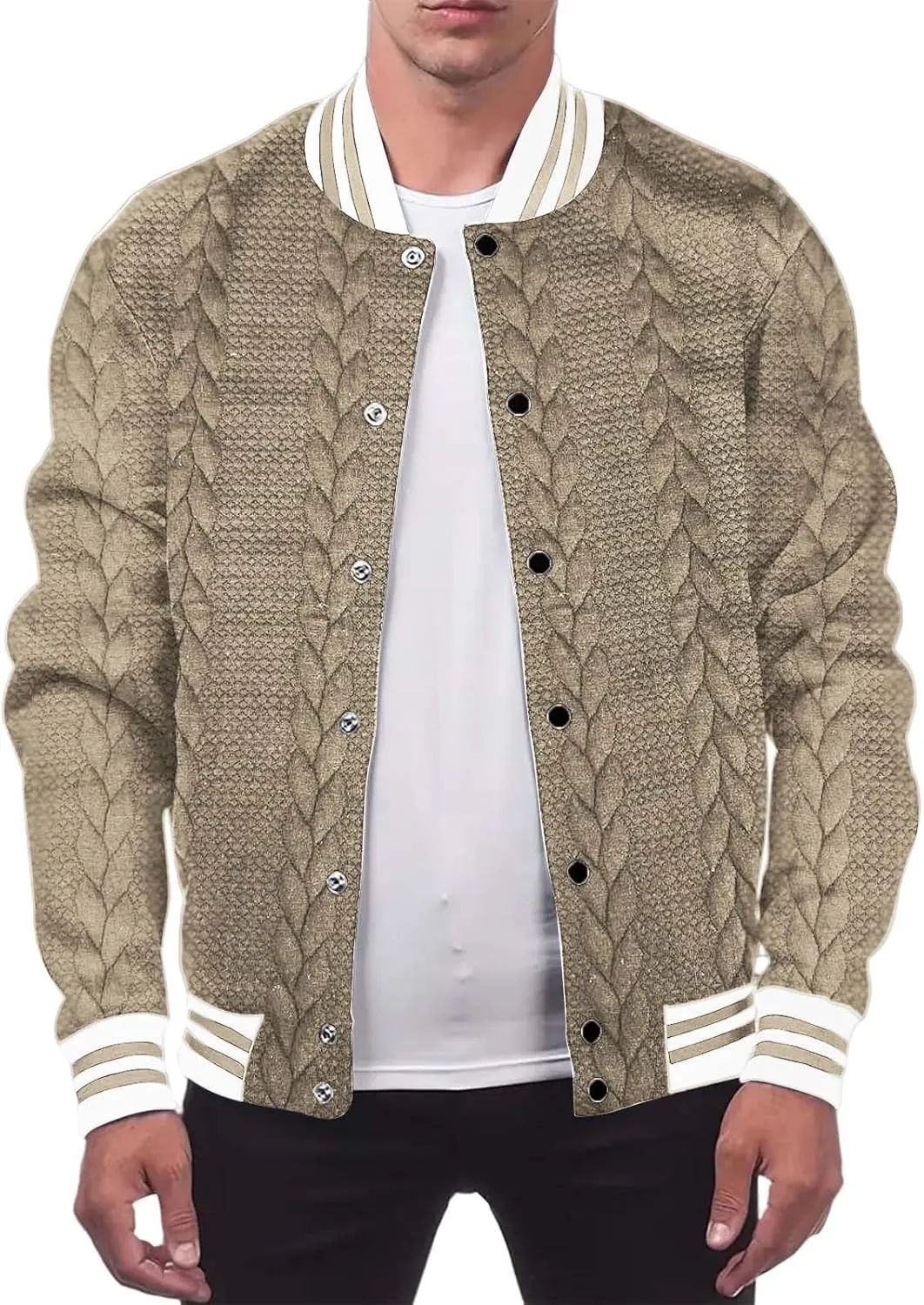 Men's Casual Varsity Jacket Classic Fit Vintage Buckle Jackets Lightweight Button Down Collarless Bomber Jackets
