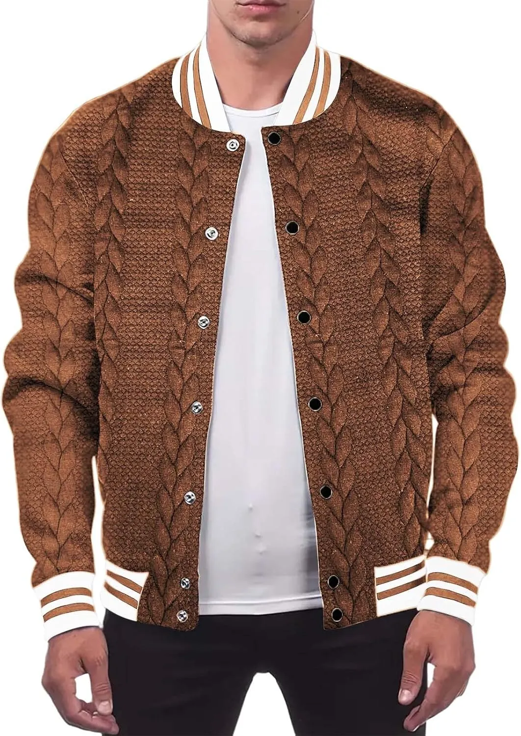 Men's Casual Varsity Jacket Classic Fit Vintage Buckle Jackets Lightweight Button Down Collarless Bomber Jackets