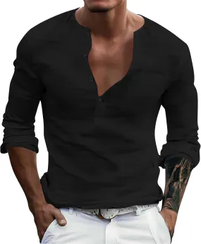 Mens Causal Henley T Shirt Long Sleeve Striped Print Deep V Neck Crewneck Slim Fit Trendy Workout Tees Pullover Tops