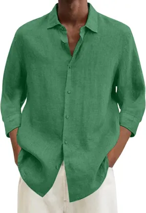 Mens Cotton Linen Button Down Shirt Long Sleeve Shirts for Men Casual Plus Size Beach Summer Lightweight Dress Tops