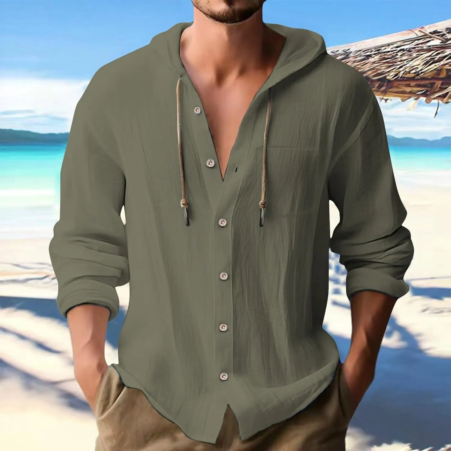 Mens Cotton Linen Henley Shirts with Hood Casual V Neck Drawstring Long Sleeve Hooded Sweatshirt Summer Button Tops
