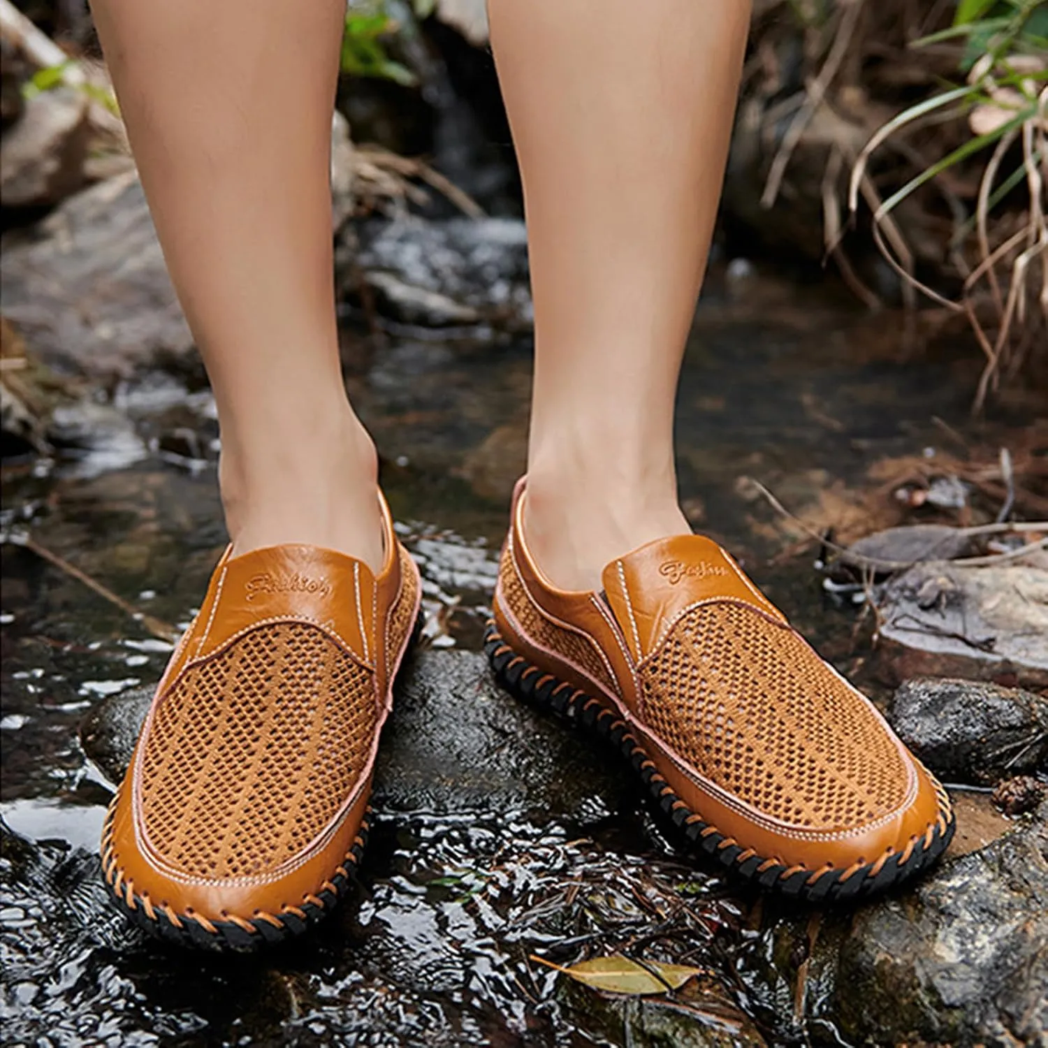 Men's Cutout Mesh Handmade Flat Casual Loafers Comfort Breathable Slip On Hollow Sandals Walking Shoes Outdoor Beach Summer Non Slip Water Shoes