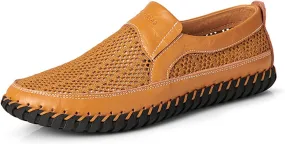 Men's Cutout Mesh Handmade Flat Casual Loafers Comfort Breathable Slip On Hollow Sandals Walking Shoes Outdoor Beach Summer Non Slip Water Shoes