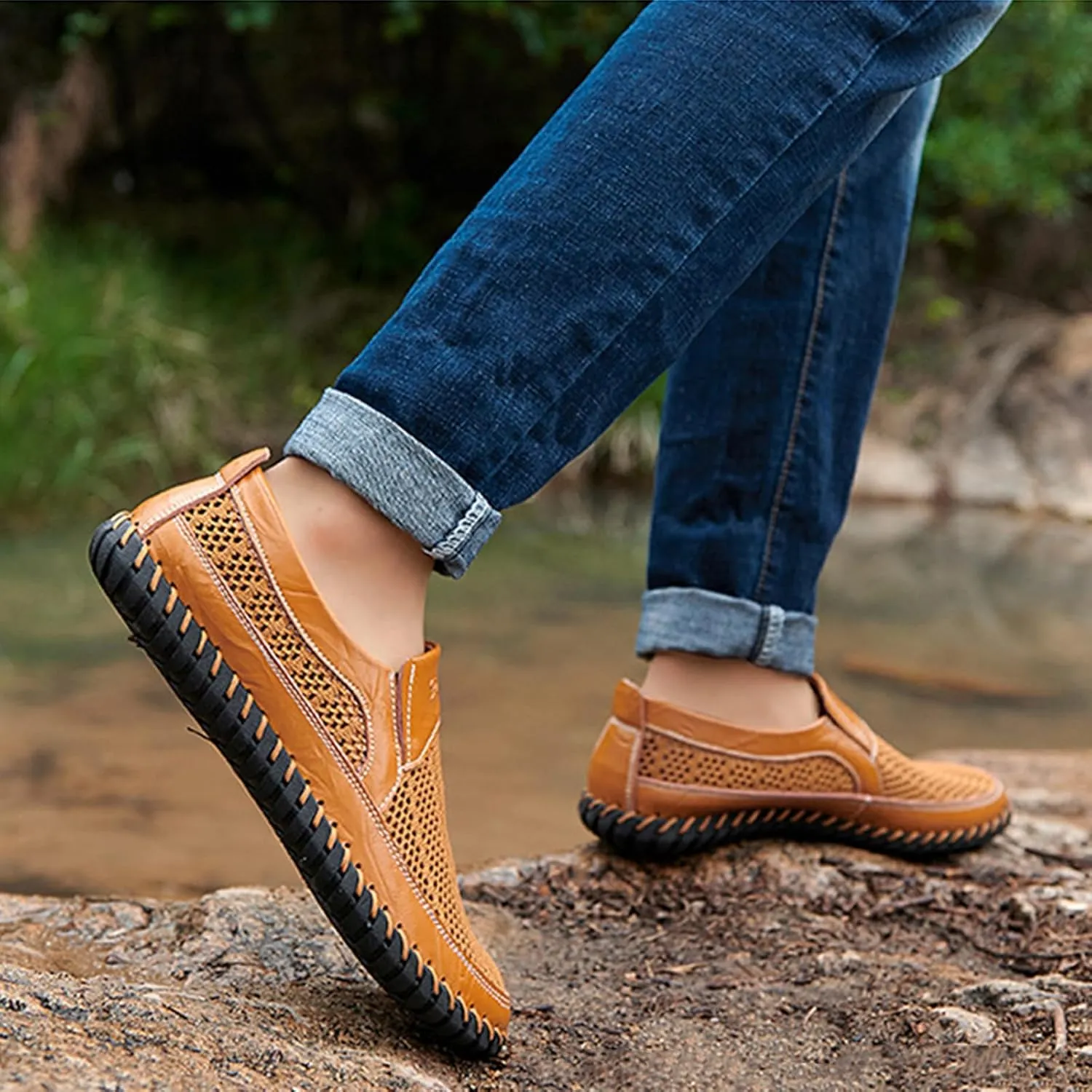 Men's Cutout Mesh Handmade Flat Casual Loafers Comfort Breathable Slip On Hollow Sandals Walking Shoes Outdoor Beach Summer Non Slip Water Shoes