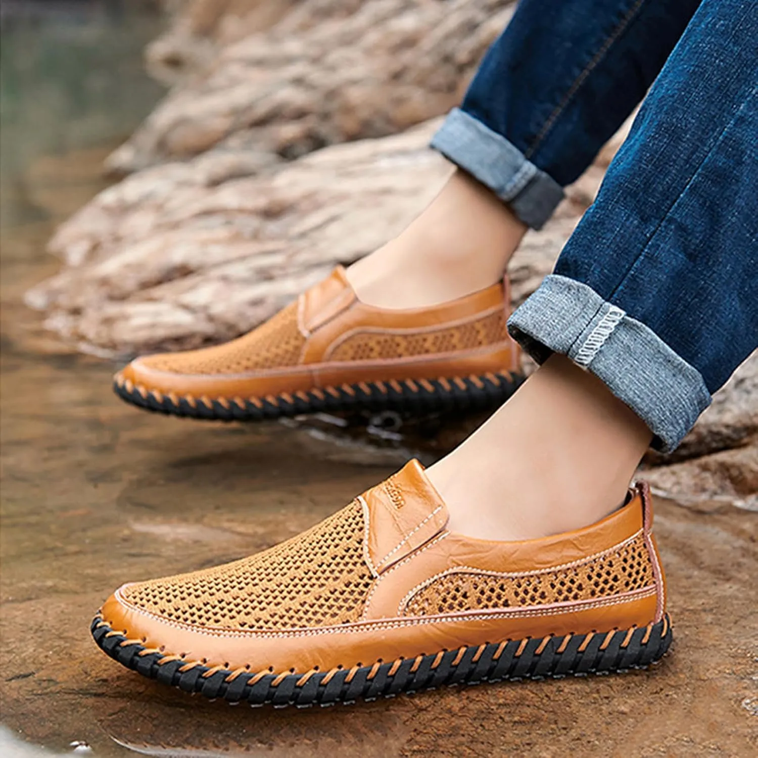 Men's Cutout Mesh Handmade Flat Casual Loafers Comfort Breathable Slip On Hollow Sandals Walking Shoes Outdoor Beach Summer Non Slip Water Shoes