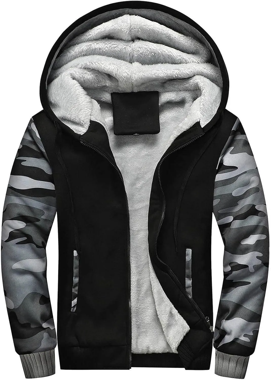 Mens Fleece Lined Jackets Full Zip Sherpa Fleece Hoodies Flannel Hooded Sweatshirt Warm Winter Wool Thick Coats