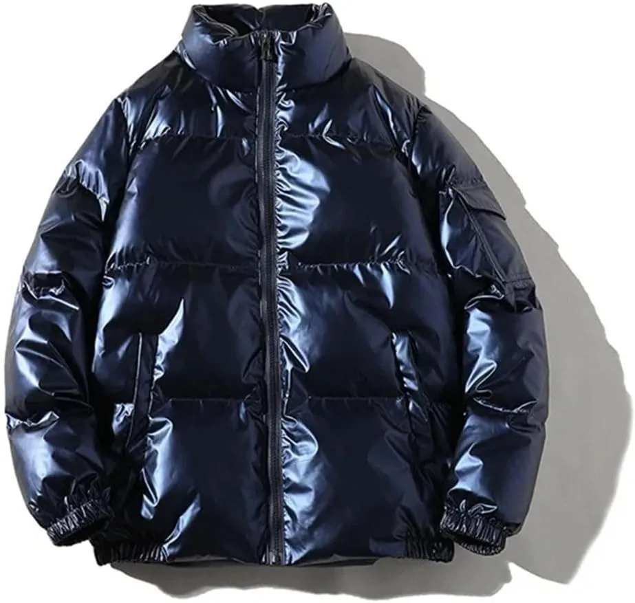Mens Harajuku Hooded Parkas Coat Solid Zipper Casual Warm Cotton Padded Jacket Unisex