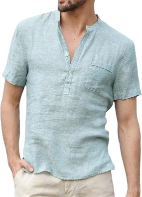Mens Henley Linen Shirts Casual Lightweight Short Sleeve Button Up Summer Beach Yoga T Shirt Tops for Men