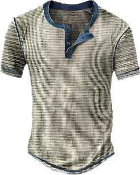 Mens Henley Shirts Vintage Color Block Waffle Plaid Short Sleeve Button T-Shirt Slim Fit Casual Polyester Shirt