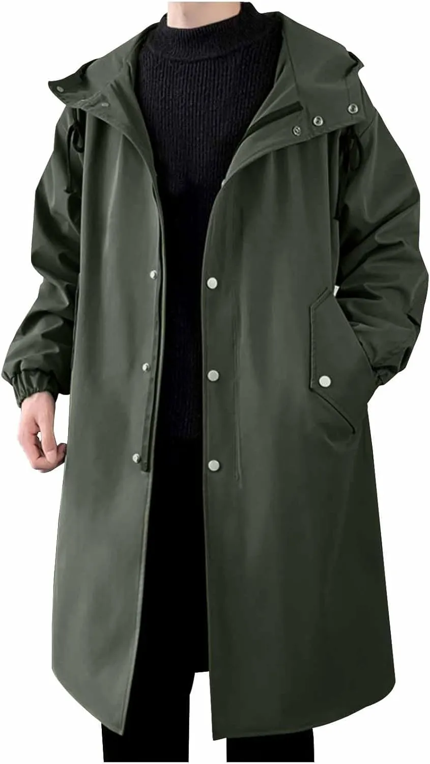 Men's Hooded Windbreaker Jacket Long Trench Coat Winter Warm Overcoat