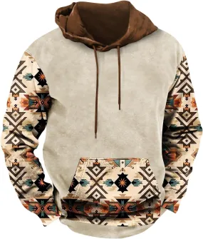 Mens Hoodies Pullover Western Aztec Ethnic Hooded Long Sleeve Sweatshirt Vintage Loose Casual Hoodie with Pockets