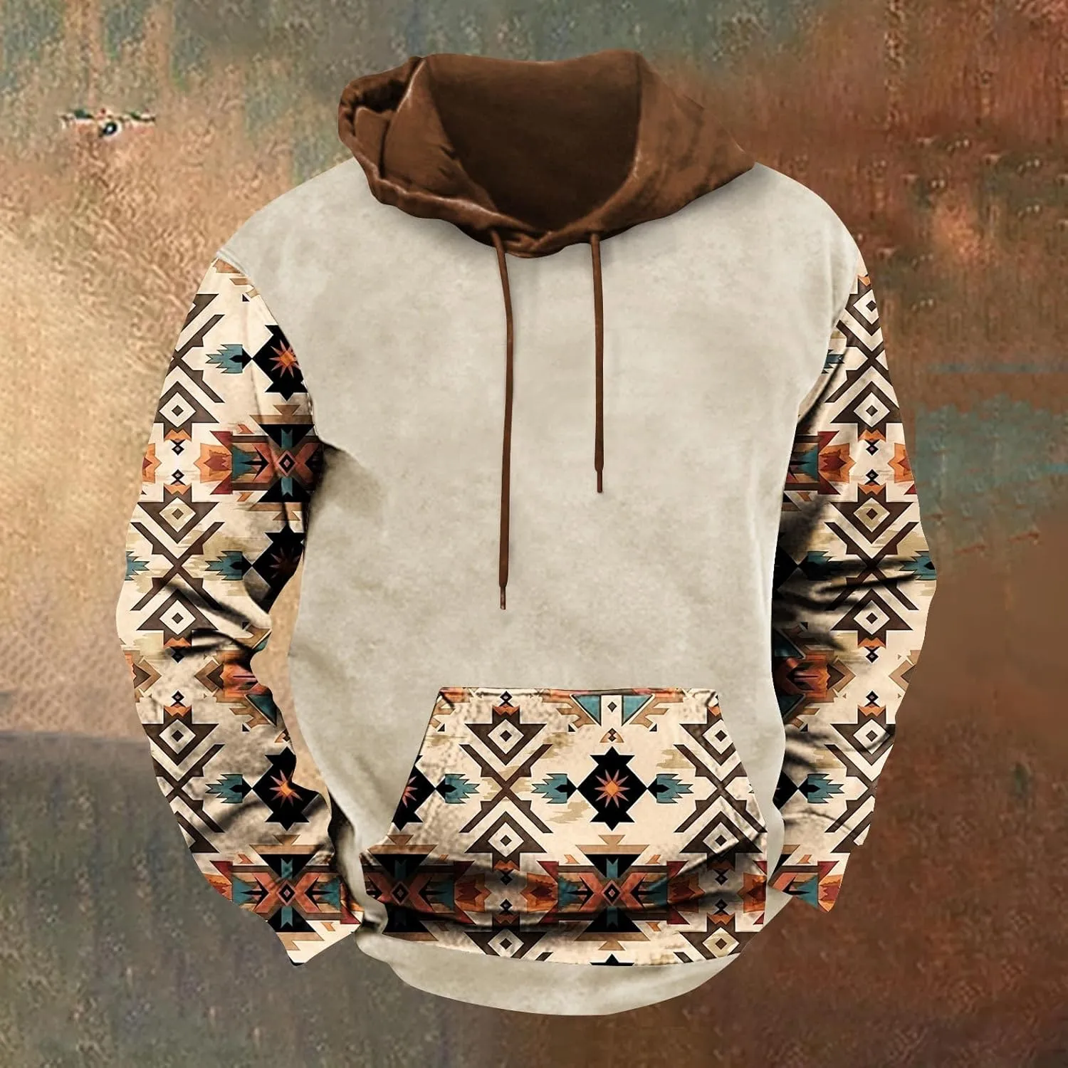Mens Hoodies Pullover Western Aztec Ethnic Hooded Long Sleeve Sweatshirt Vintage Loose Casual Hoodie with Pockets