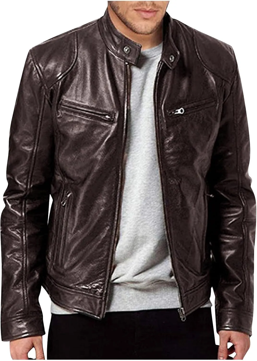Men'S Leather & Faux Leather Jackets & Coats Fashion Men Autumn Winter Warm Casual Leather Zipper Long Sleeve Jacket Coat