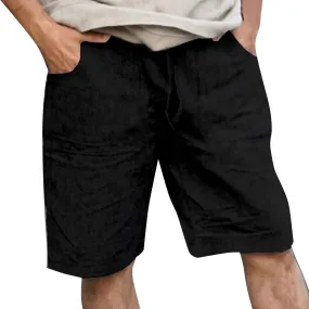 Men's Linen Shorts Summer Cotton Elastic Waist Drawstring Short Casual Beach Outfits with Pockets